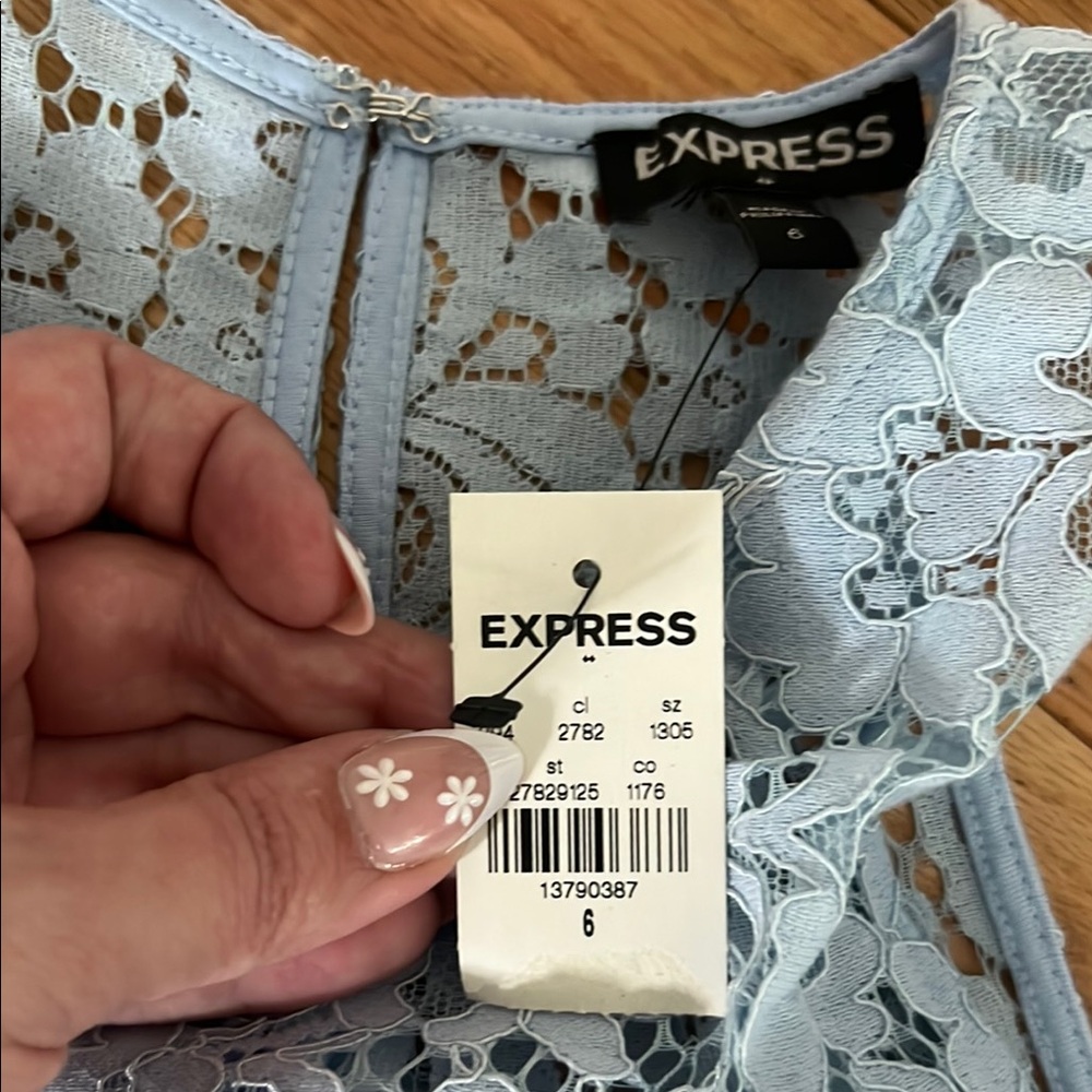 Express Light Blue Lace Ruffle One Piece - Picture 2 of 3